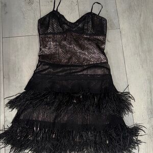 BCBGMaxAzria Black Lace and Feather Mini Dress